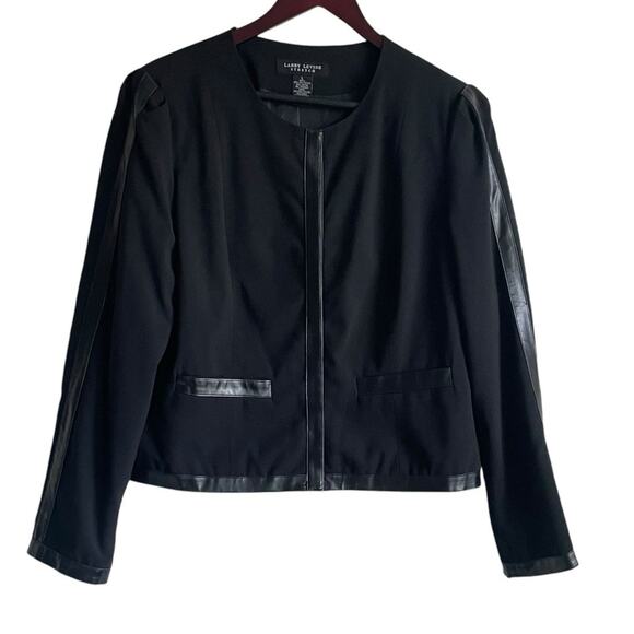 Larry Levine Women Jacket L Black Faux Leather Trim Blazer Career, Classic Retro - Picture 1 of 11